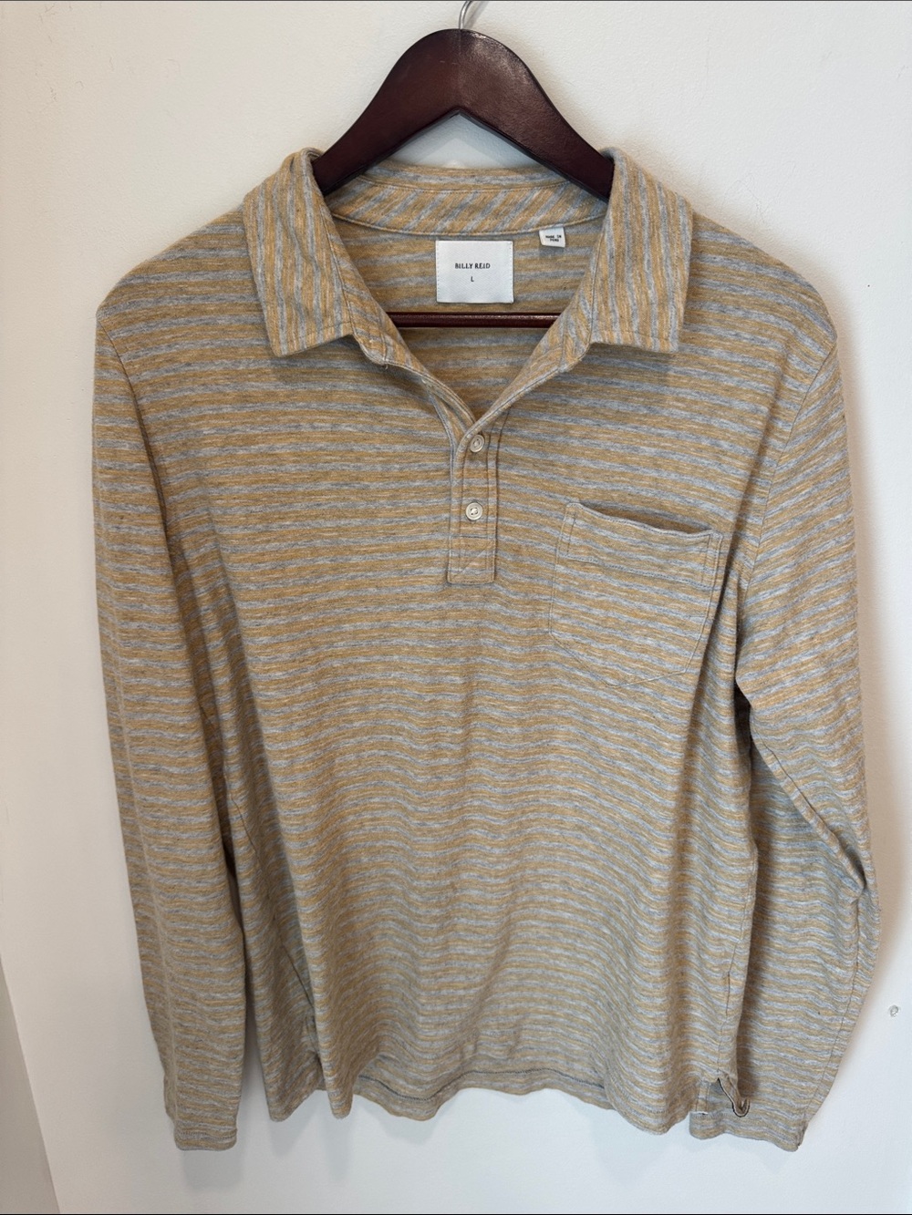 Billy Reid Yellow Gray Striped Cotton Cashmere Long Sleeve Polo Shirt Size L